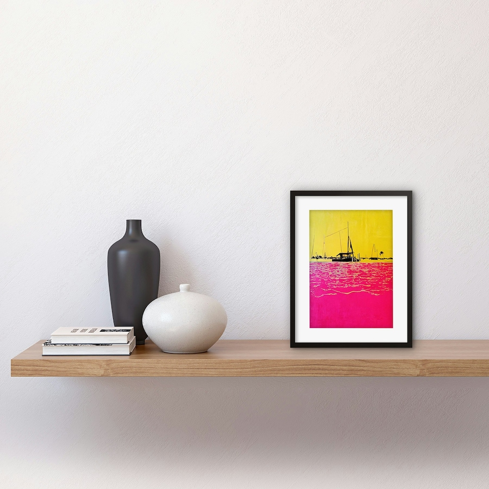 image 1 of Modern Abstract Seaside Port Yellow Hot Pink 9x7" Black Framed Wall Art Print