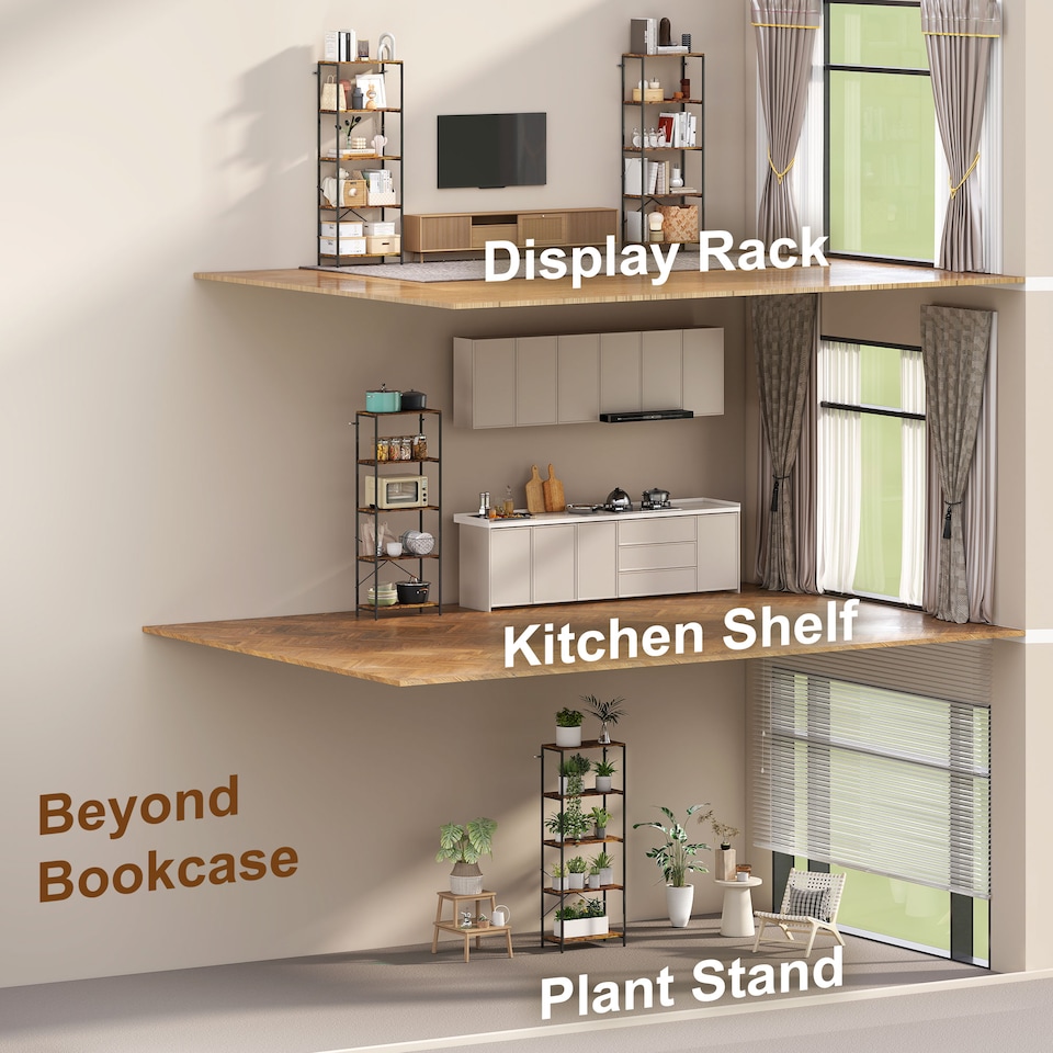image 1 of HOMCOM 5-Tier Bookshelf, Industrial Bookcase, Floor Standing Book Shelf with Metal Frame, Open Display Shelving Unit for Living Room, Home Office and Bedroom, Rustic Brown and Black