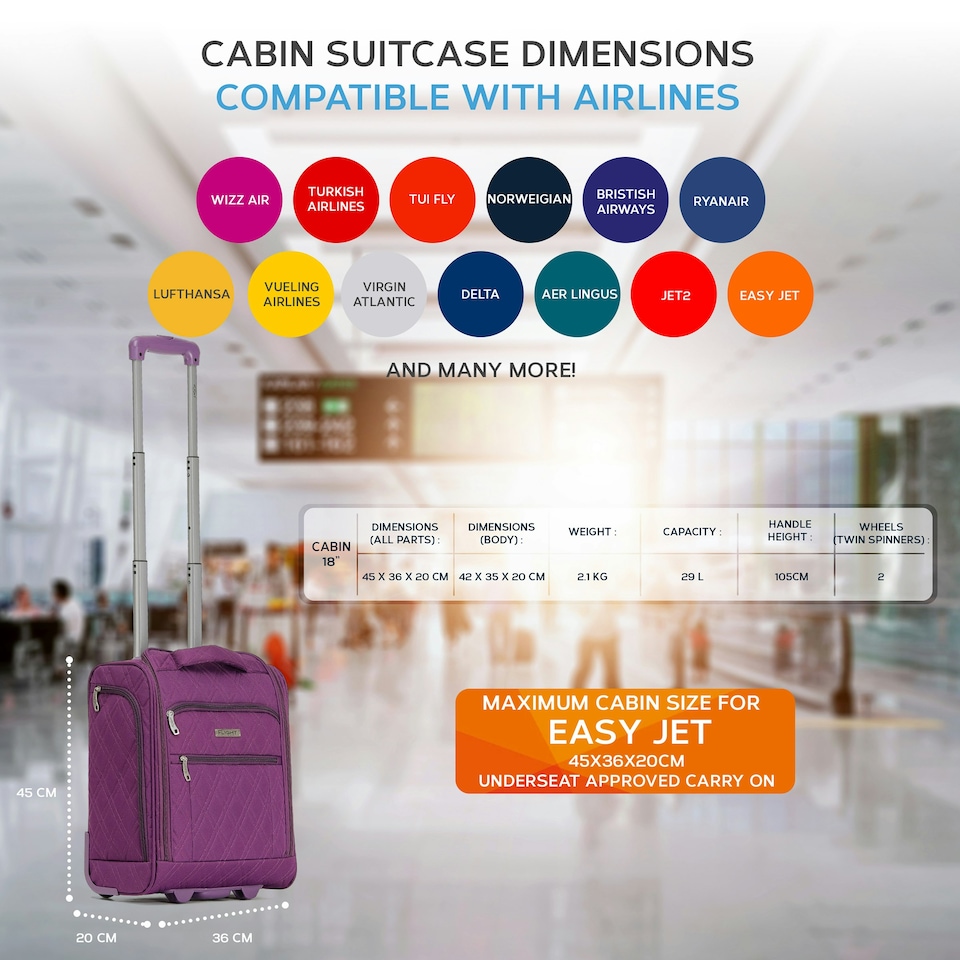 image 1 of Flight Knight 45x36x20cm easyJet Underseat Carry On Non Priority Approved Hand Luggage Case - 2 Wheels - Ultra Lightweight Durable Soft Textile Cabin Suitcase Purple | Purple Mono | Cabin Bag