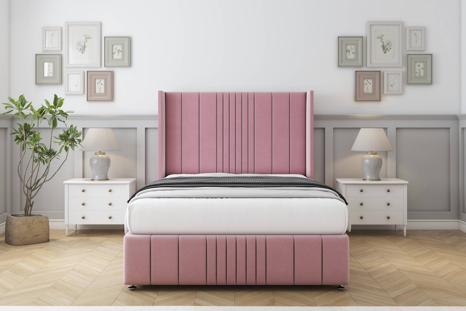 image 1 of Sloomy Hargrave Pink Plush Divan Bed With Mattress No Drawers With 54" Wingback Headboard & 12" Matching Footboard 3' Single | Pink | Pink | Single | 1
