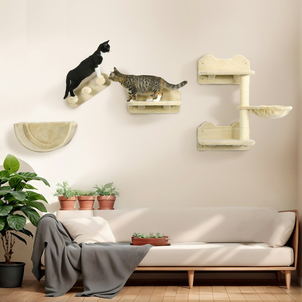 image 1 of PawHut Wall Mounted Cat Tree 4PC Kitten Activity Centre with Sisal, Beige