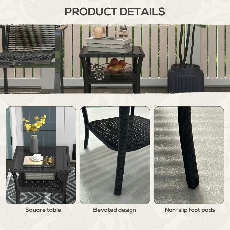 image 1 of Outsunny PE Rattan Coffee Table, Two-tier Side Table with Glass Top, Black | Black | Black | 50L x 50w X 45H cm