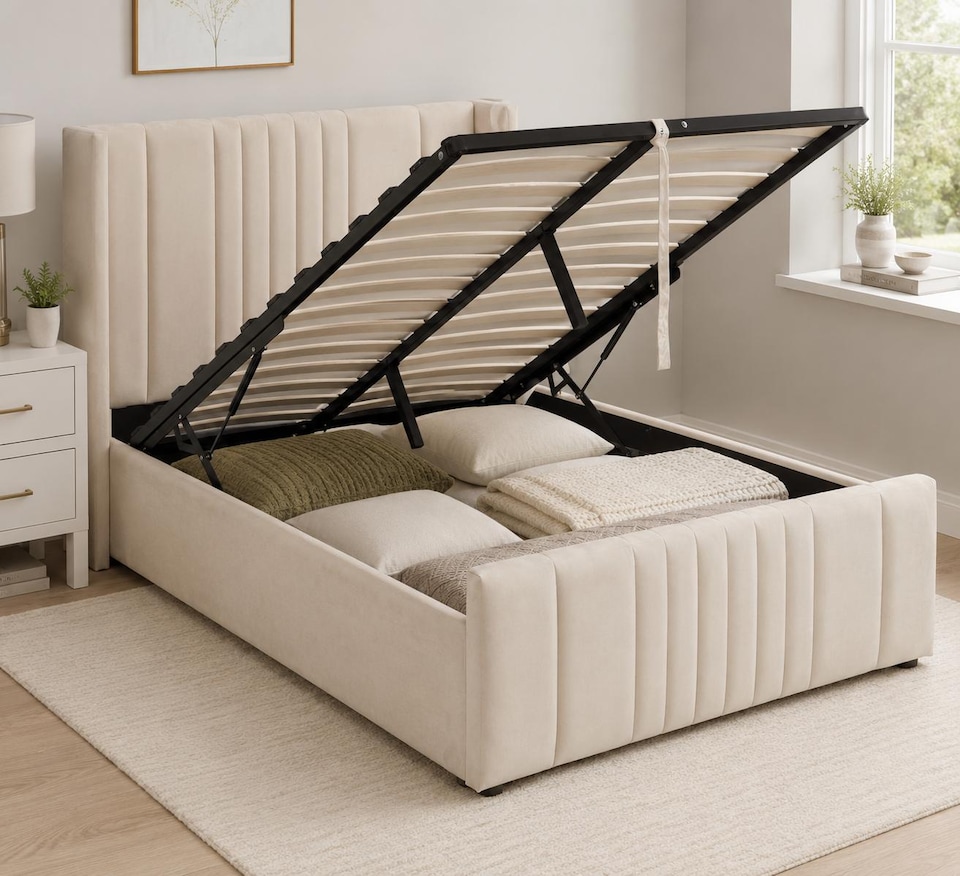 image 1 of Langford Velvet Upholstered Ottoman Storage Bed Frame Gas Lift Single Double King Super King