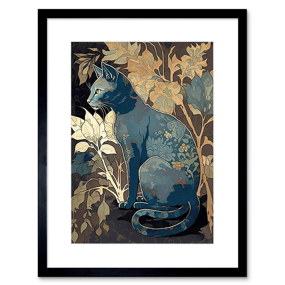 image 1 of Russian Blue Cat Lover Gift Autumn Plants Floral 9x7" Black Framed Wall Art Print