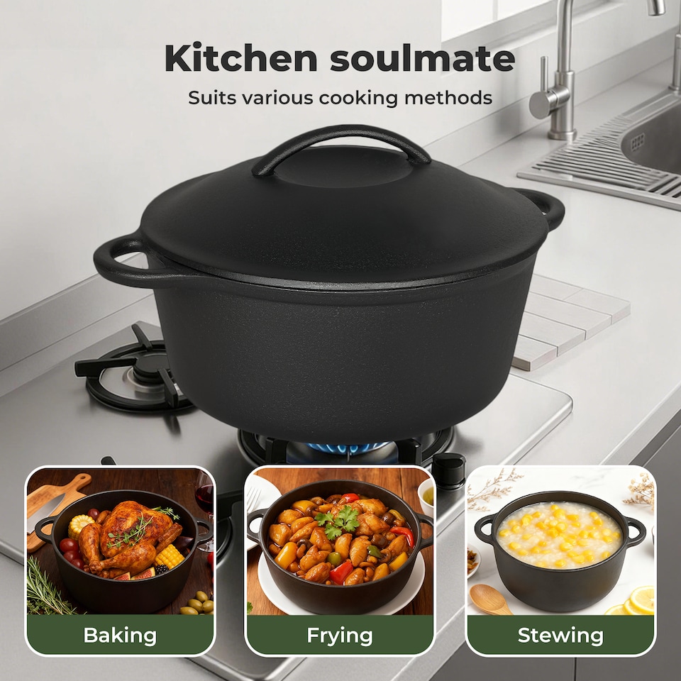 image 1 of TOQUE Cast Iron Dutch Oven Heavy Duty Casserole Dish Pot Stockpot With Lid