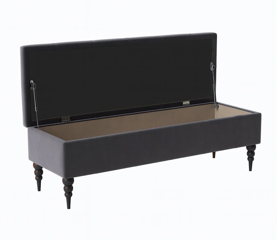 image 1 of 120cm Safar Ottoman bench with Storage and Turned Wooden Legs- Plush Velvet Shoes Bench - Steel Grey Chesterfield Storage Bench