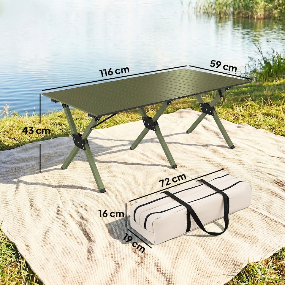 image 1 of Outsunny 4ft Folding Camping Table, Picnic Table with Roll Up Top, Green | Green | Dark Brown | 116 x 59 x 43 cm