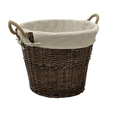 JVL Willow Wicker Log Storage Basket with Rope Handles and Lining 50x40cm, Brown Brown
