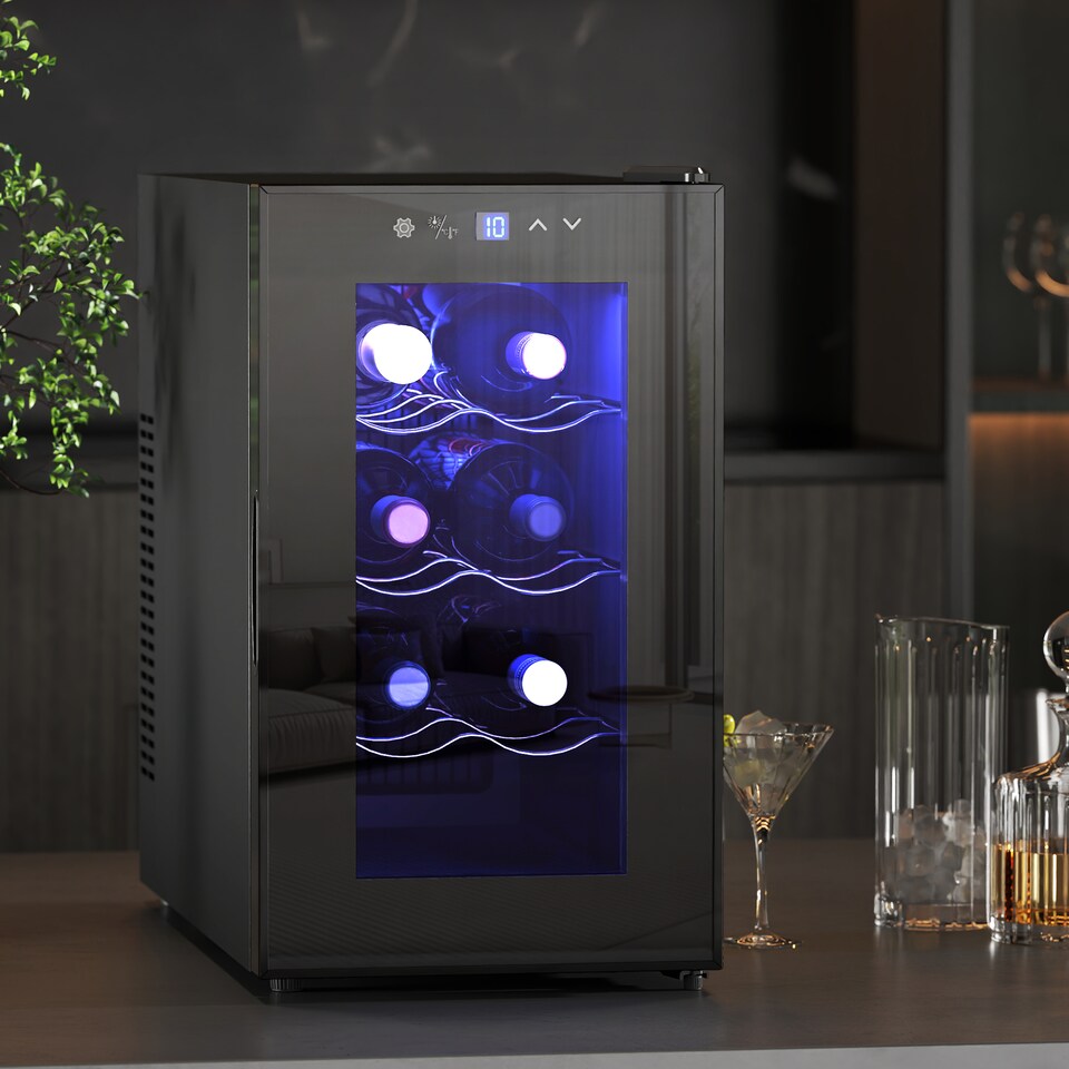 image 1 of HOMCOM Mini Table Top Wine Fridge, 8 Bottle, 17L, 8-18℃, 26.5cm Quiet Under Counter Wine Cooler Fridge with Glass Door, LED Light, Digital Touch Screen, Temperature Control