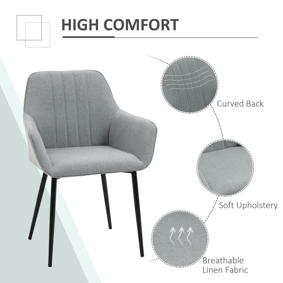 image 1 of HOMCOM Dining Chairs Upholstered Linen Fabric Metal Legs, Set of 2, Light Grey