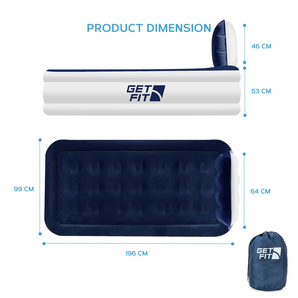 image 1 of Get Fit Air Bed With Built In Electric Pump - Premium Single Airbed - Quick Blow Up Bed With Headboard & Inflatable Pillow - Elevated Air Mattress- White/ Navy
