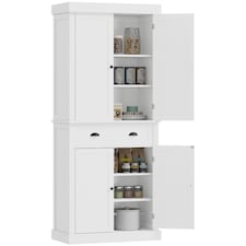 HOMCOM Freestanding Kitchen Cupboard, 184cm Tall Storage Cabinet with Doors and Shelves, Traditional Colonial 4-Door Kitchen Pantry Cupboard with Drawer, White