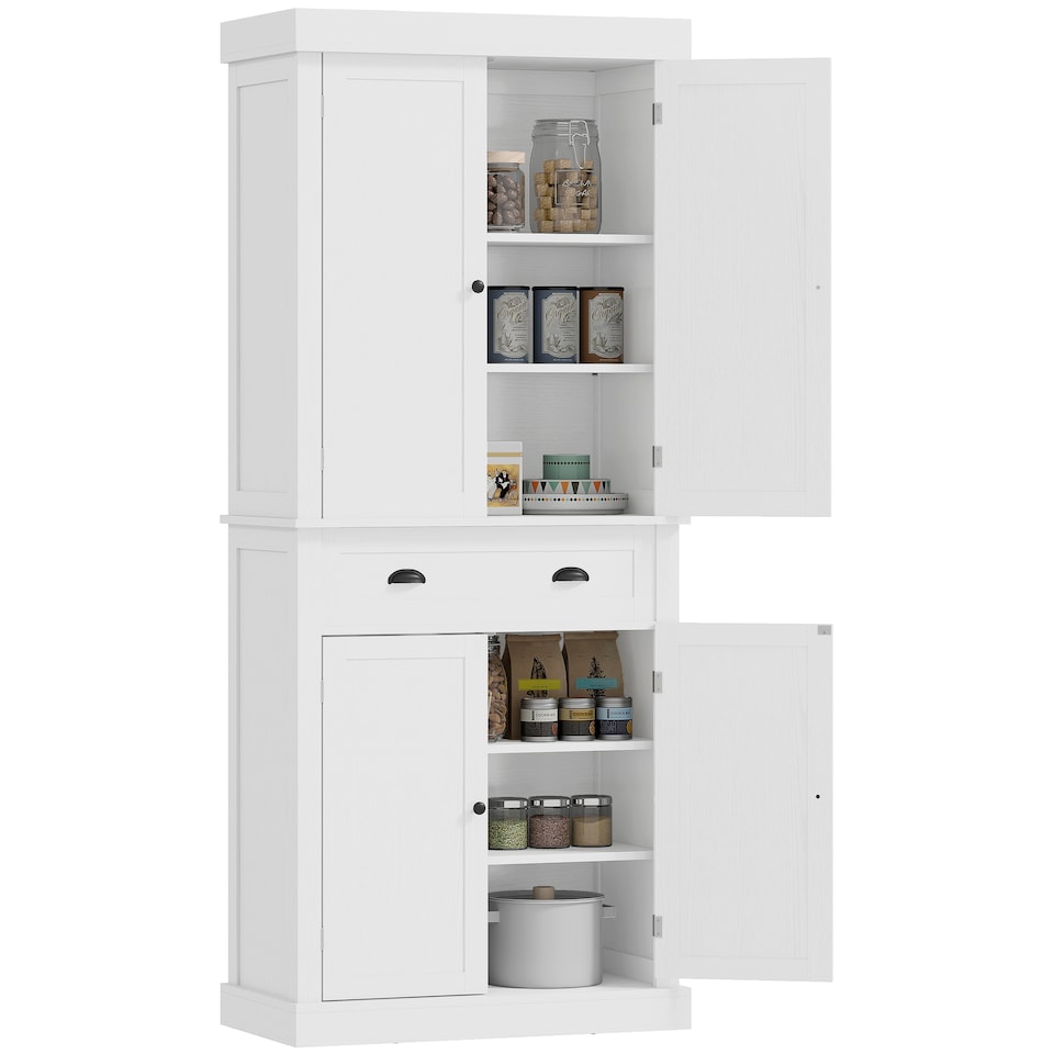 image 1 of HOMCOM Freestanding Kitchen Cupboard, 184cm Tall Storage Cabinet with Doors and Shelves, Traditional Colonial 4-Door Kitchen Pantry Cupboard with Drawer, White