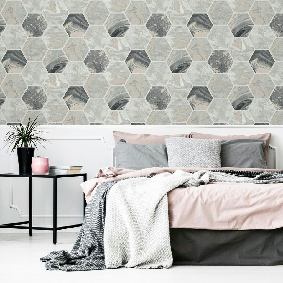 image 1 of Arthouse Marbled Hex Wallpaper - Charcoal/Rose Gold - 10m x 53cm Black