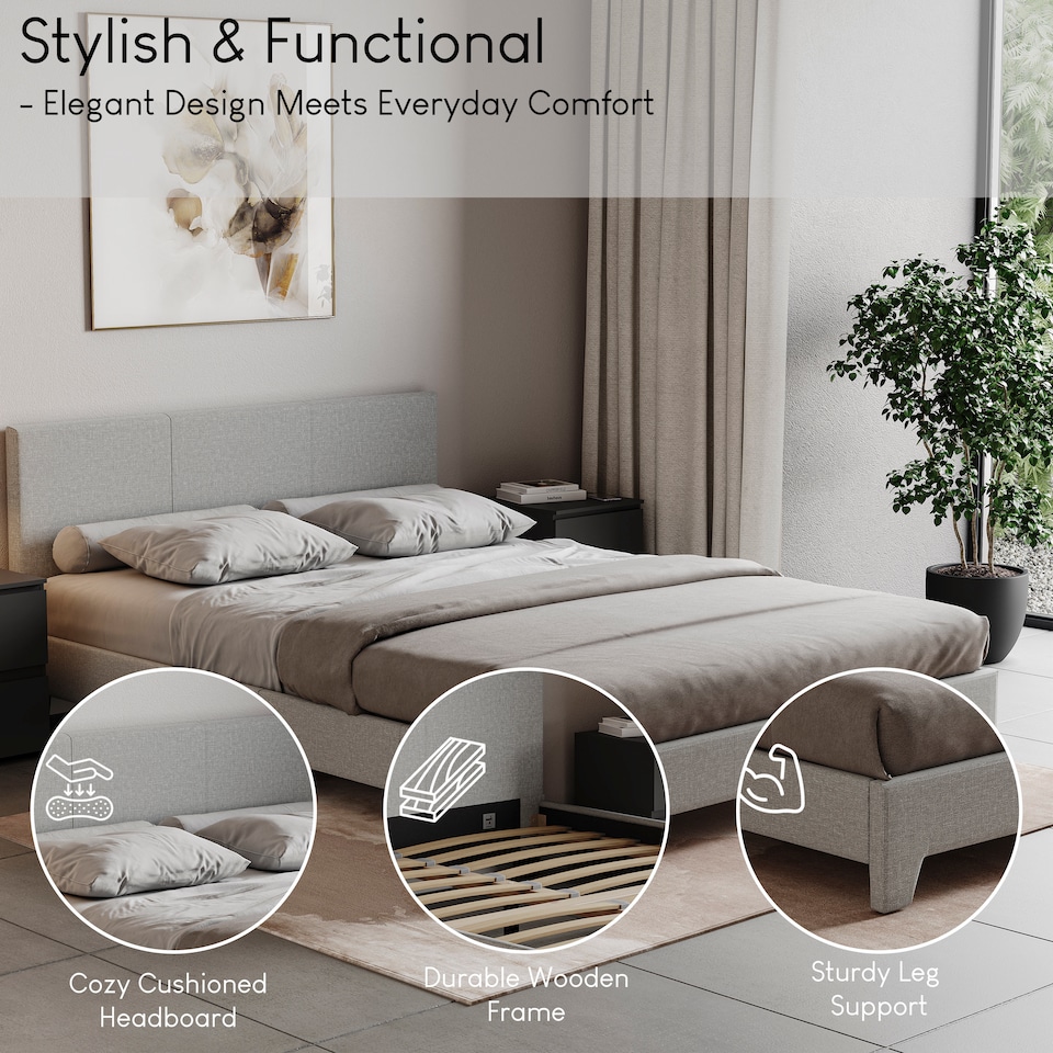 image 1 of Vida Designs Victoria 5ft King Size Bed Fabric Upholstered, Light Grey Linen, 150 x 200cm