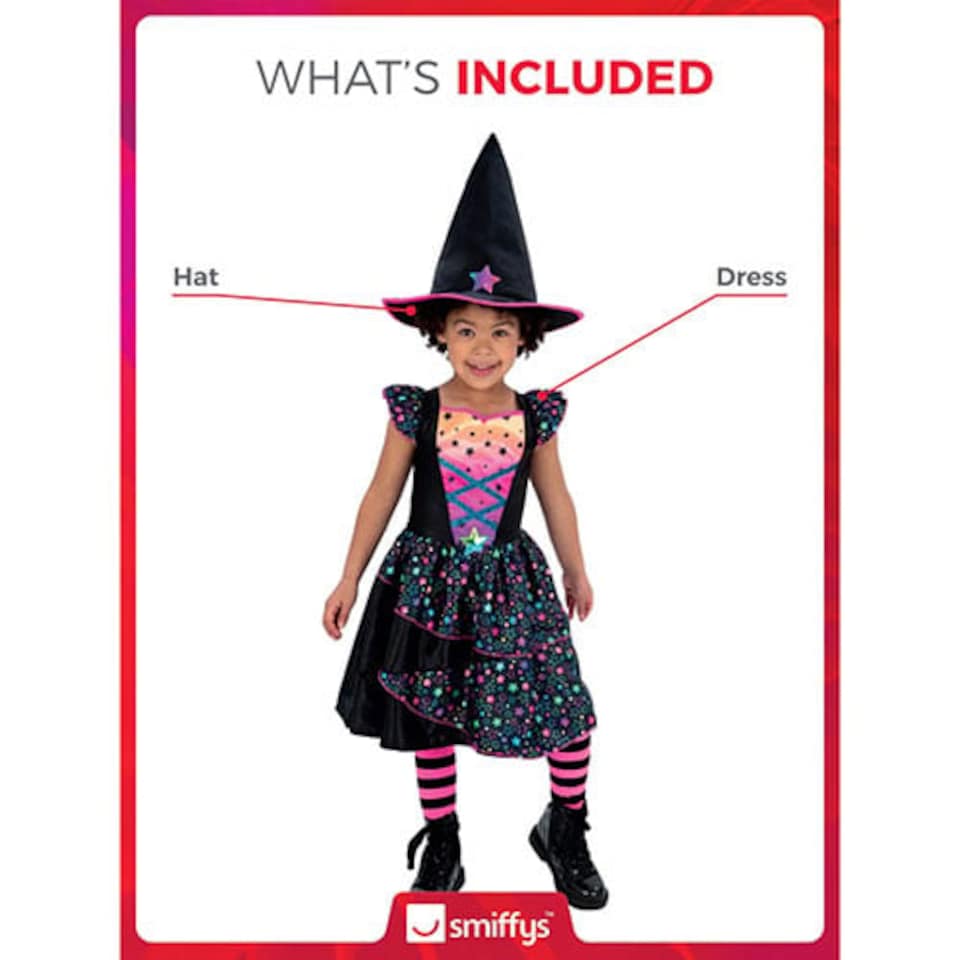 image 1 of Neon Star Witch Girls Fancy Dress Costume Kids Medium - Age 7-9