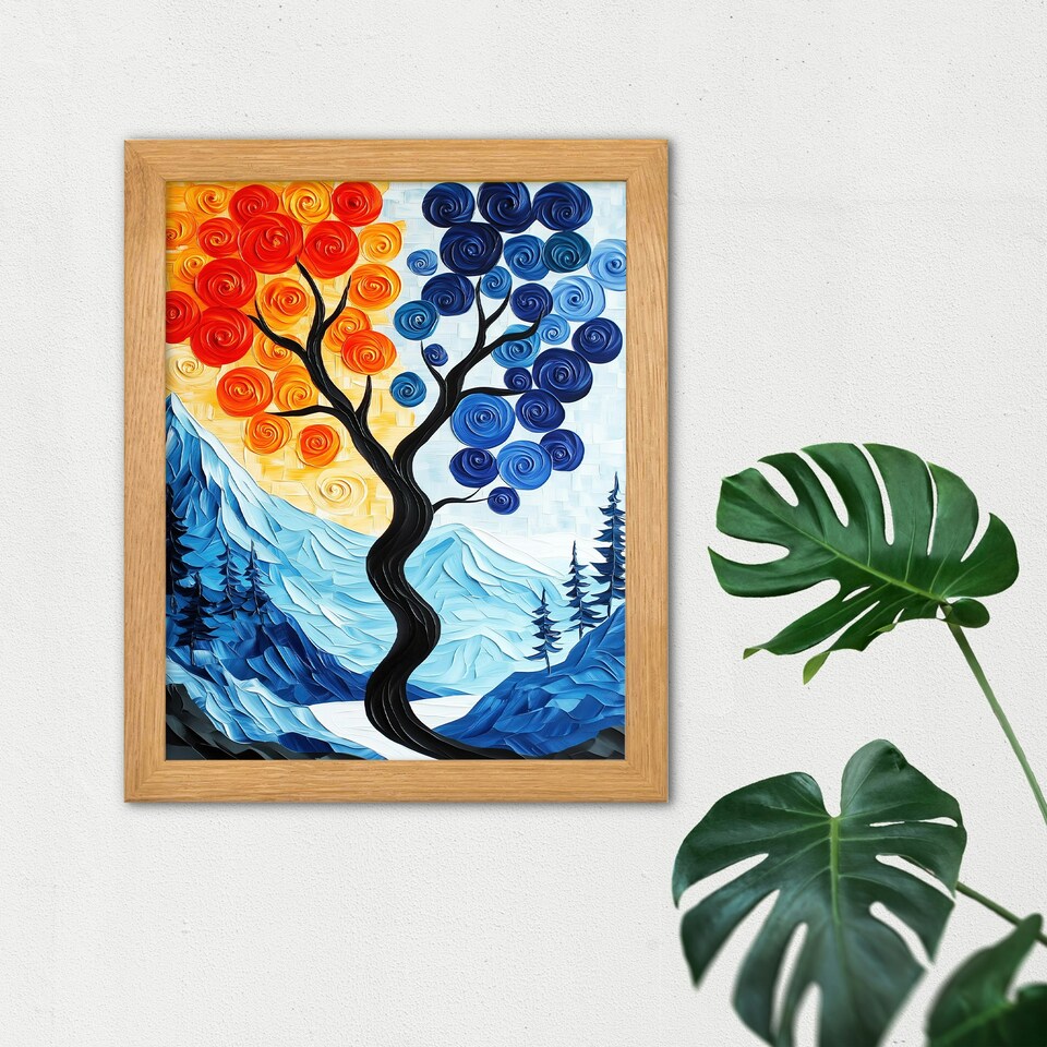image 1 of Autumn To Winter Tree Folk Mountain Landscape Wood Framed Wall Art Print