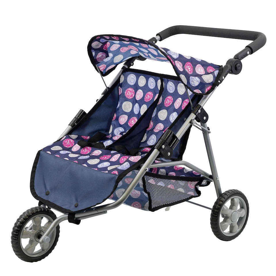 image 1 of BiBi Doll 3 Wheeler Twin Dolls Blue Pushchair Toy with Canopy & Basket For Up To 20" Dolls
