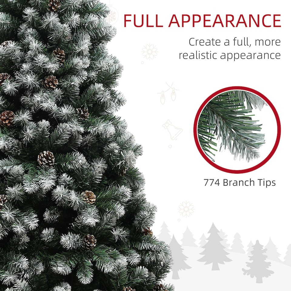 image 1 of HOMCOM 6ft Artificial Pine Christmas Tree with 774 Branch Tips and Steel Base, Realistic Hinged Tree with Pinecones, Holiday Decor for Home Office, Green