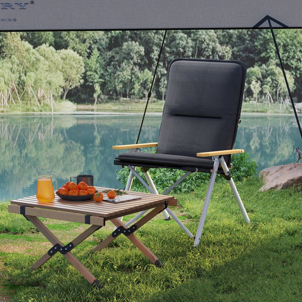 image 1 of Outsunny Padded Camp Chair Outdoor High Back Folding Recliner with Bag Black