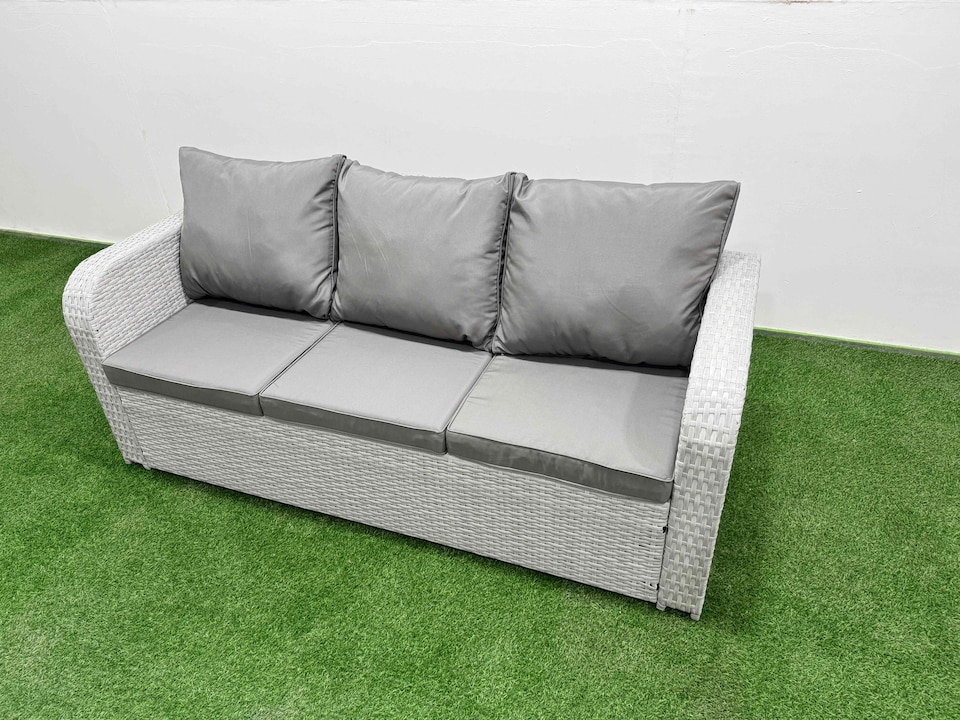 image 1 of Fimous 8 Seater Poly Rattan Outdoor Garden Furniture Adjustable Lifting Dining or Coffee Table Sofa Set Patio 3 Seater Sofa Reclining Chair 3 Seater Sofa Big Footstool Light Grey