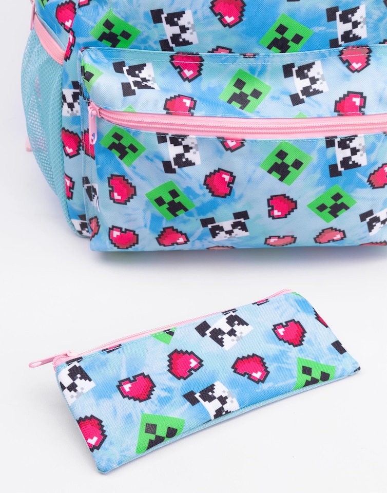 image 1 of Minecraft Backpack and Lunch Box Set for Girls | Kids 4 Piece Creeper Panda Hearts Blue School Rucksack, Lunch Bag, Pencil Case, Water Bottle One Size | Blue | Blue