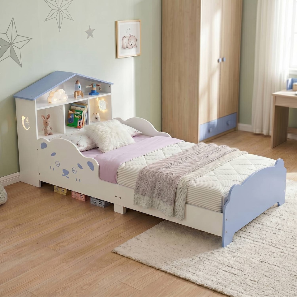 image 1 of TOTO Wooden Toddler Bed w/ Integrated Bookshelf Storage Junior Kids Frame - Blue