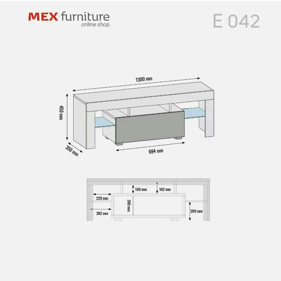 image 1 of TV Unit 130cm Grey Gloss Door Grey Matt Body with Glass Sides Free LED Grey