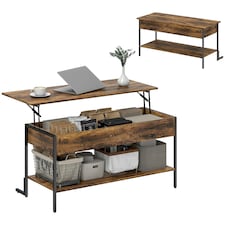HOMCOM Industrial Lift Top Coffee Table with Storage Shelf Rustic Brown Brown