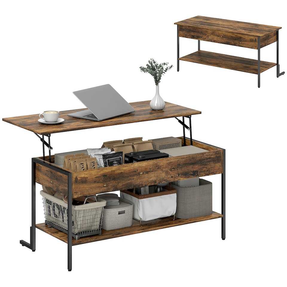 image 1 of HOMCOM Industrial Lift Top Coffee Table with Storage Shelf Rustic Brown Brown