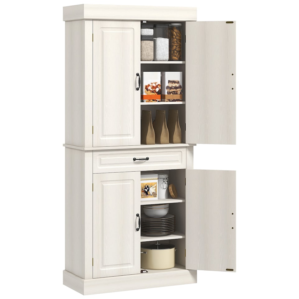 image 1 of HOMCOM Kitchen Cupboard with 4 Doors, Freestanding Storage Cabinet with Wide Drawer and Shelves for Living Room, 180cm, White Wood Grain