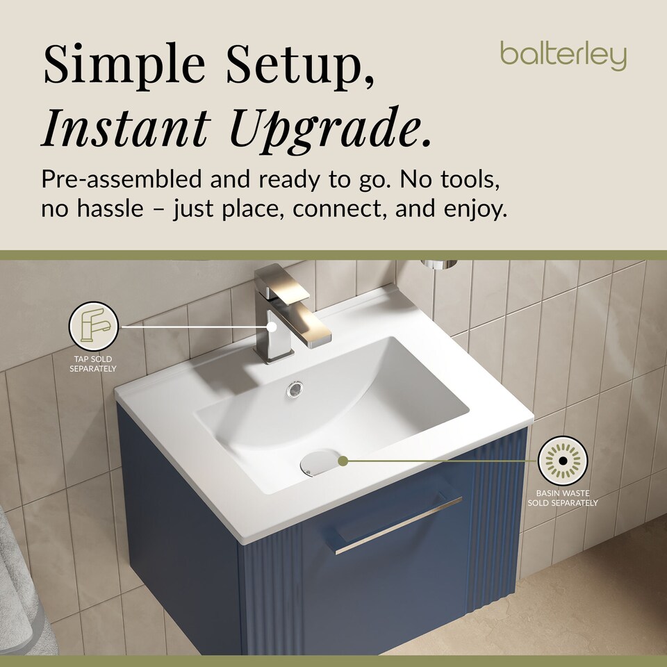 image 1 of Balterley Partial Fluted 1 Drawer Wall Hung Vanity Unit with 1 Tap Hole Minimalist Basin | Blue | Satin Blue