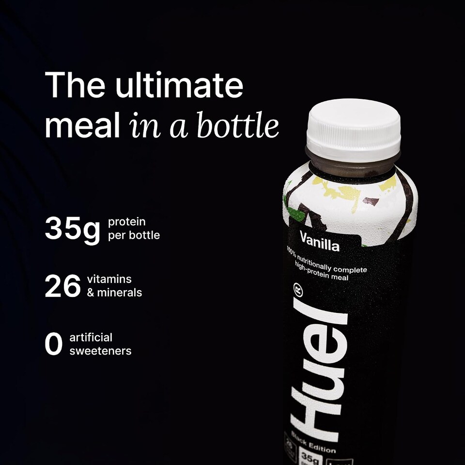 image 1 of Huel Ready-to-Drink Meal, BLACK EDITION Vanilla Protein Drink, 500ml Bottles (Pack of 8) - Protein Shakes, Pre-Portioned Meal, 35g of Protein per Bottle