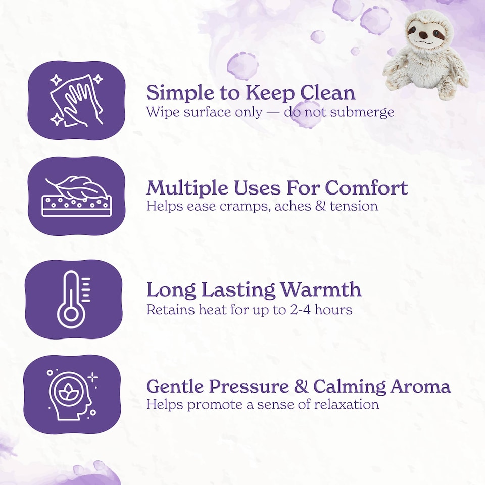 image 1 of Warmies Marshmallow Sloth Plush Junior Size, Microwavable Plush with French Lavender Scent, Fully Heatable Cuddly Sloth Toy for Anxiety and Pain Relief