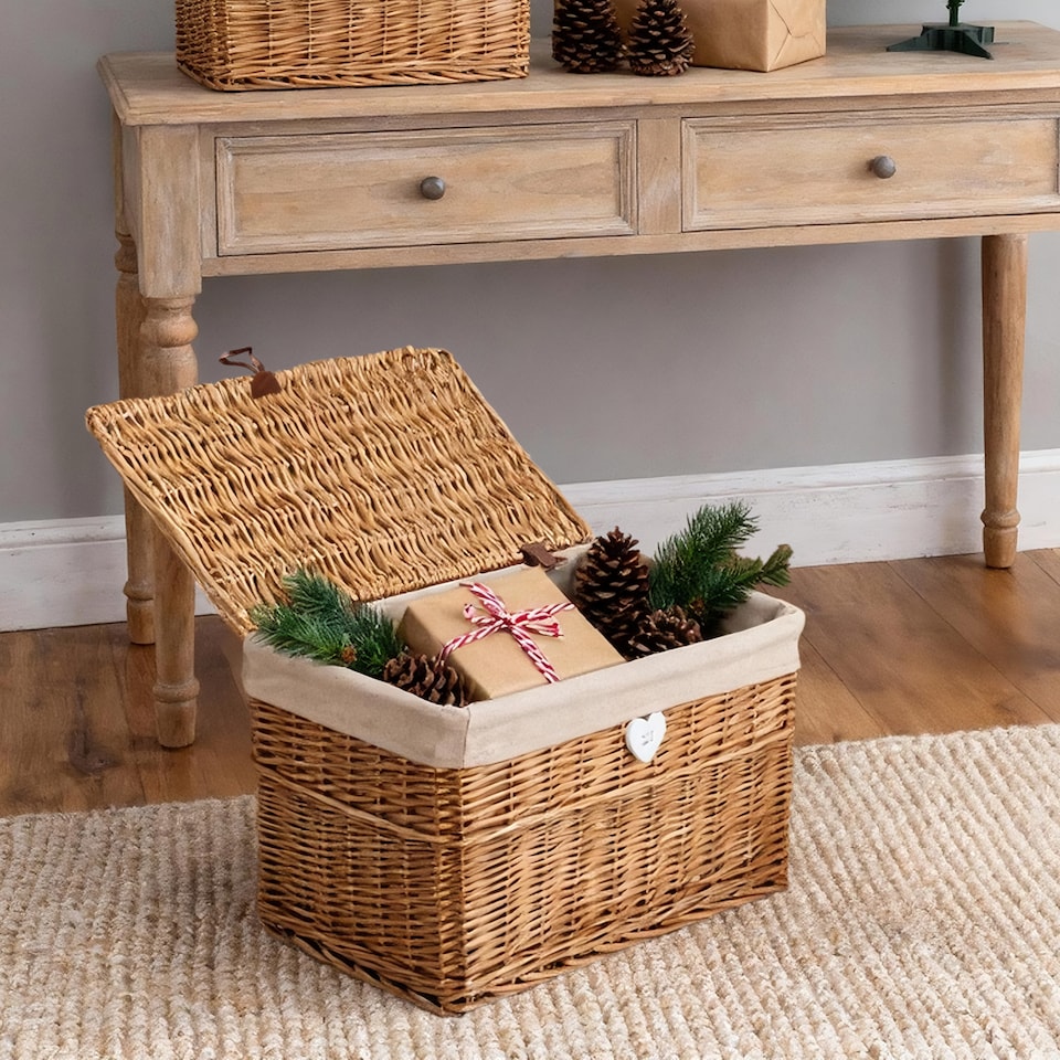 image 1 of Wickerfield Large Home Storage Basket Trunk Chest Hamper with Lid and Cotton Liner (Small, Brown)