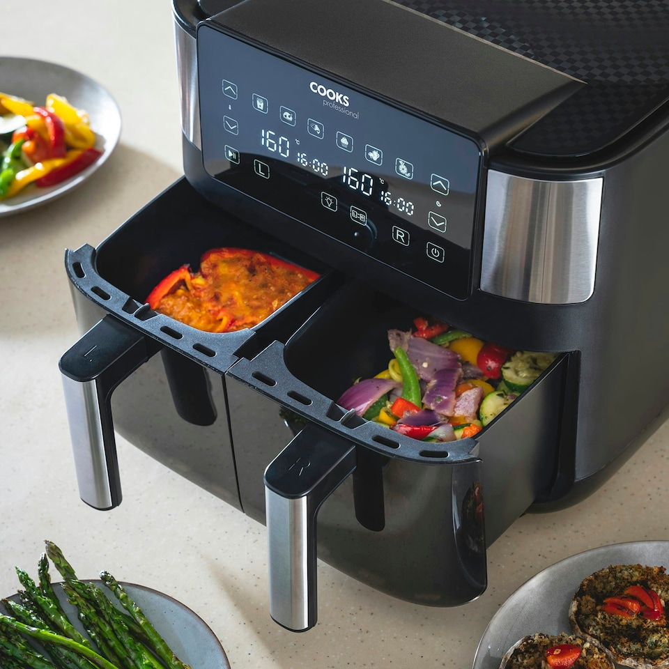 image 1 of Cooks Professional Dual Air Fryer with Glass Drawers | XL 8L Capacity | 1700W | Digital Display | 8 Preset Cooking Settings