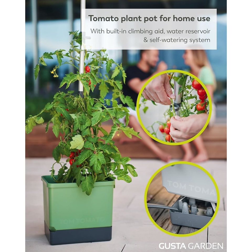 image 1 of Gusta Garden Tom Tomato Tomato Pot Dark Green- Planter with Climbing Aid, Self-Watering System & Plant Clips - 4.5L Water Reservoir & 20L Soil Capacity