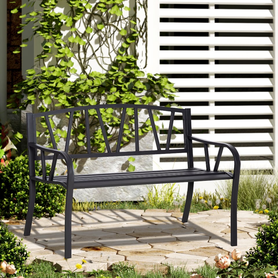 image 1 of Outsunny 2Seater Garden Bench Solid Metal Loveseat Outdoor Furniture for Patio Family Chair w Decorative Backrest Ergonomic Armrest