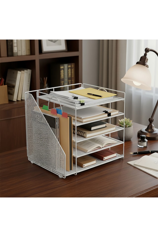 image 1 of Living and Home 5-Tier Desktop Organiser with Vertical File Sorter | White