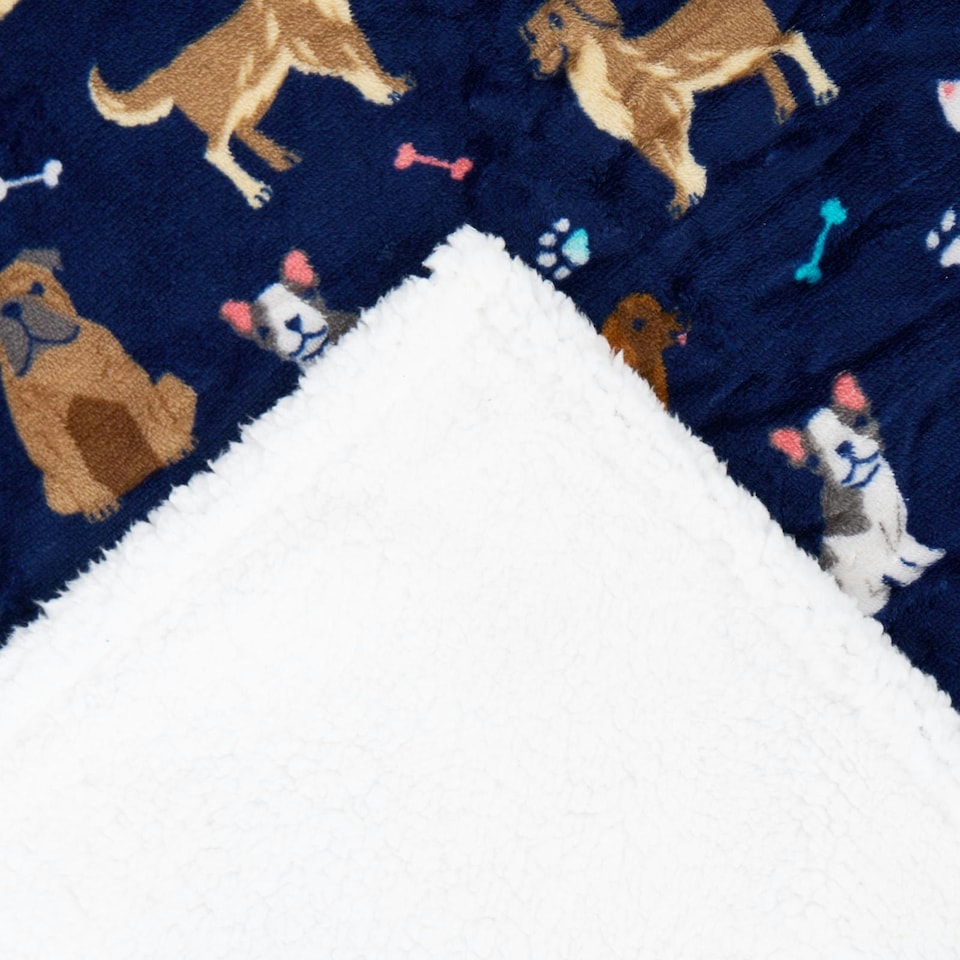 image 1 of OHS Dog Print Sherpa Fleece Reverse Pet Blanket Throw, 100x120cm - Navy Blue
