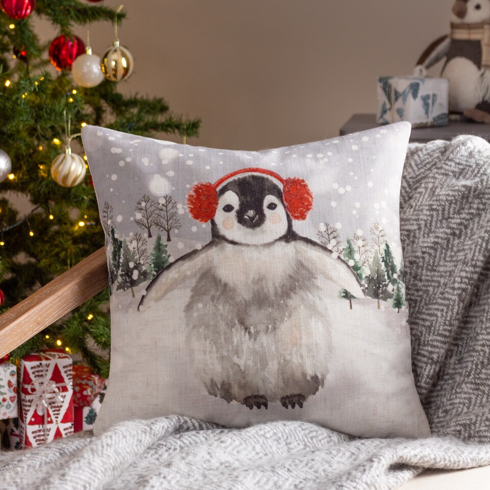 image 1 of Evans Lichfield Snowy Penguin With Ear Muffs Penguin Cushion, Multicolour, 43 x 43cm