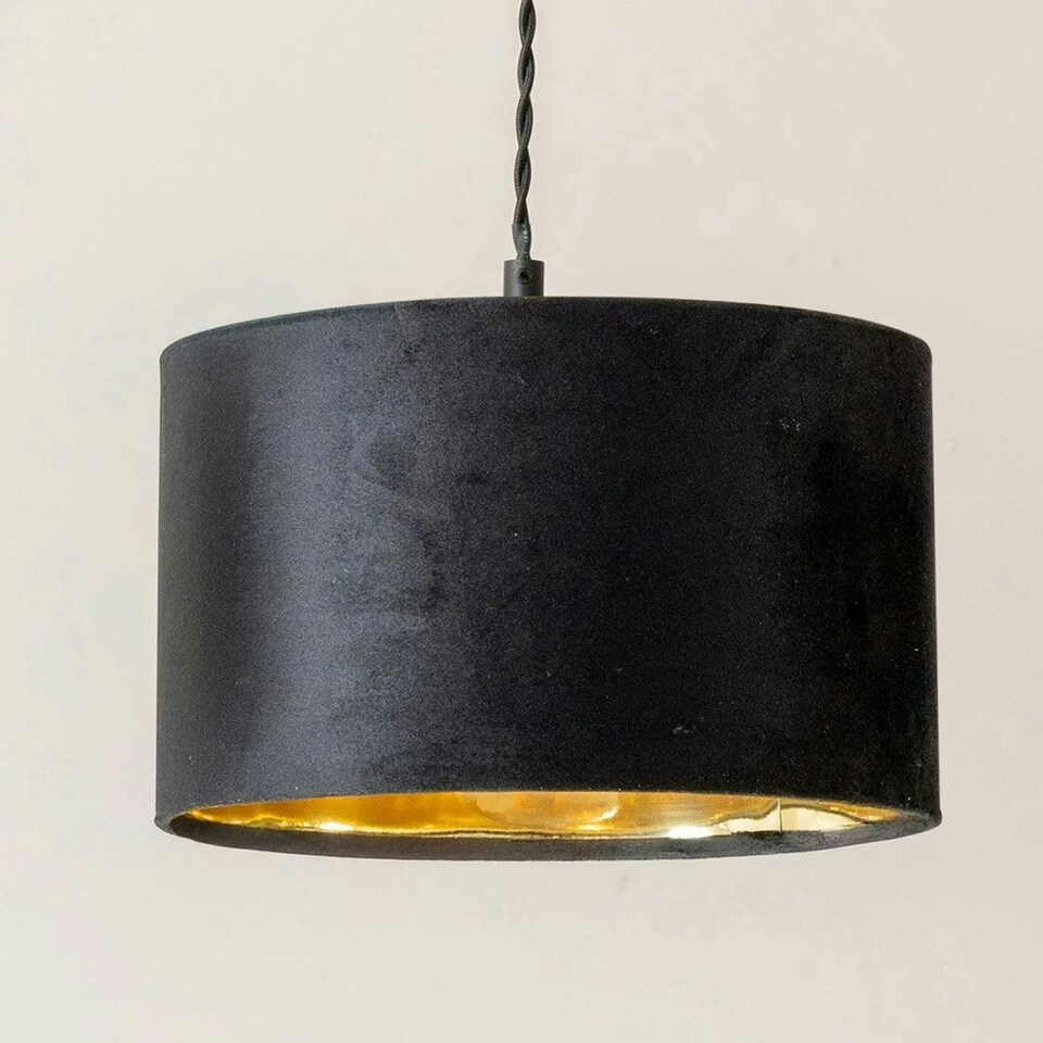 image 1 of ValueLights Reni Black Velvet & Gold Drum Shade 3 Drop Bar Black Diner Ceiling Pendant Light Black