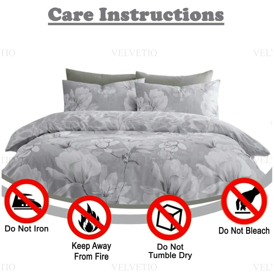 image 1 of VELVETIO Magnolia Dream Printed Duvet Cover Set Reversible Polycotton Easy Care Beddings Grey | King