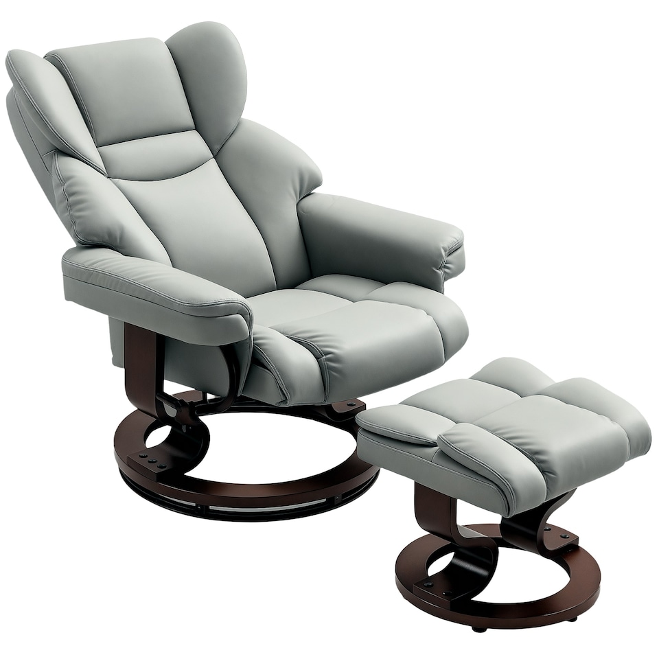 image 1 of HOMCOM PU Leather Manual Reclining Armchair Footstool Padded Seat Light Grey