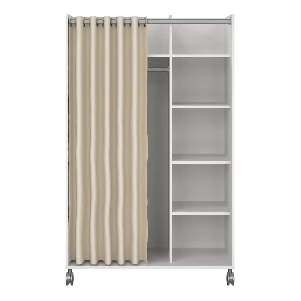 image 1 of Uppsala Open Mobile Wardrobe Unit in White with a Beige Textile Curtain on Wheels