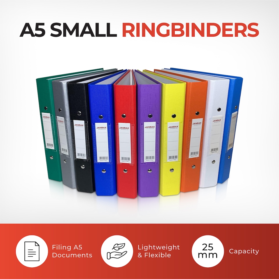 image 1 of Pack of 3 Janrax A5 Paper Over Board Ring Binders – 2 O-Ring Mechanism, 35mm Spine, Spine Label – Black, Blue, Red