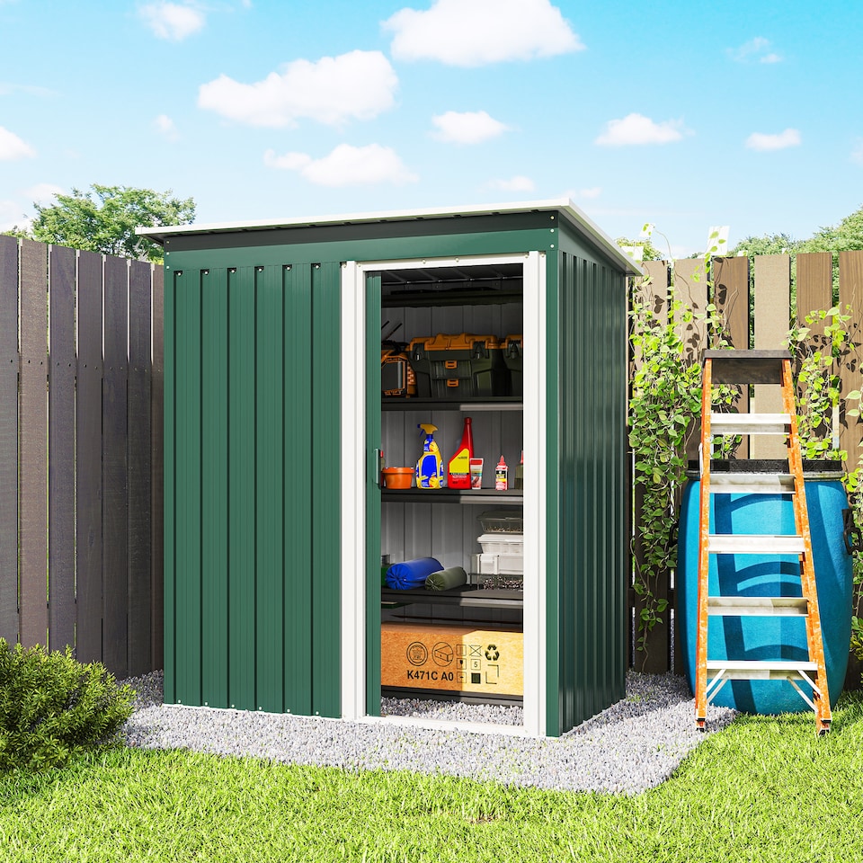 image 1 of Outsunny 5 x 3ft Garden Storage Shed with Sliding Door and Sloped Roof, Lean to Outdoor Equipment Tool Shed for Garden, Green