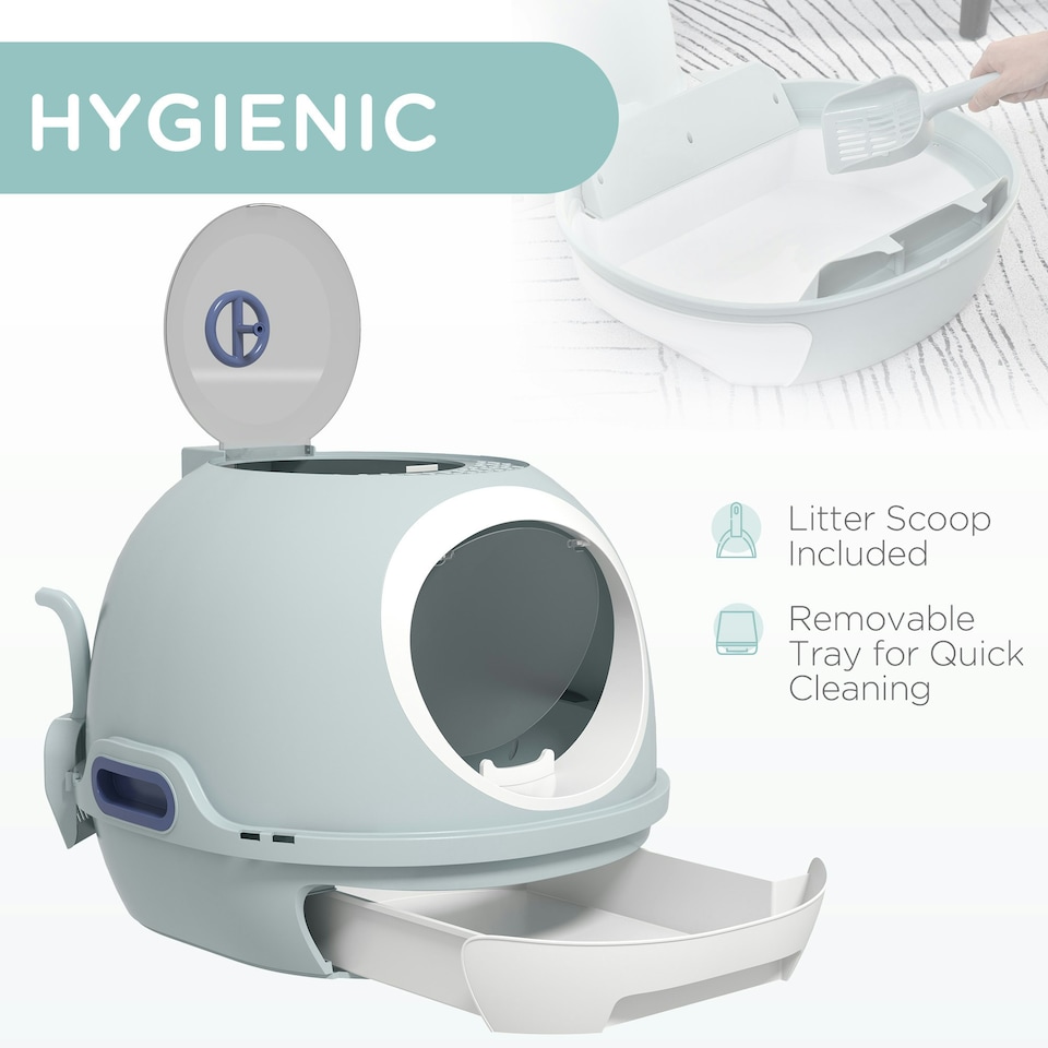 image 1 of PawHut Futuristic Capsule-Shaped Cat Litter Box w/ 2 Doors Scoop Drawer Blue
