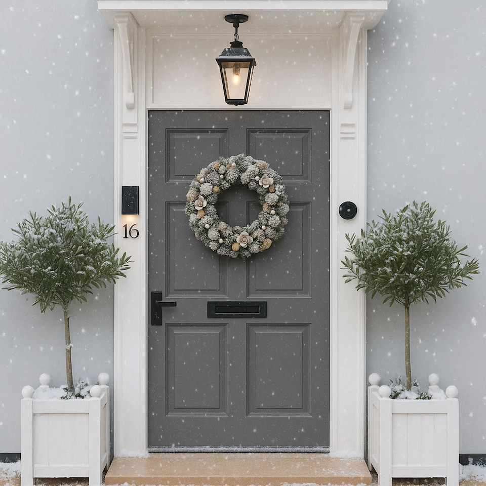 image 1 of eo Luxury Extra Large Frosted Pinecone Winter Wreath 50cm Home Artificial Christmas Festive Front Door Decoration | Grey | Frosted Grey