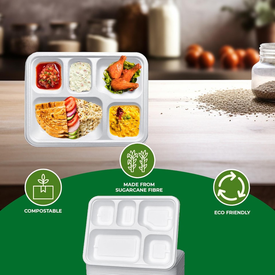 image 1 of ECONX Bagasse Deep 5 Compartment Food Tray Plate Disposable Sugarcane Paper Plate 50pc